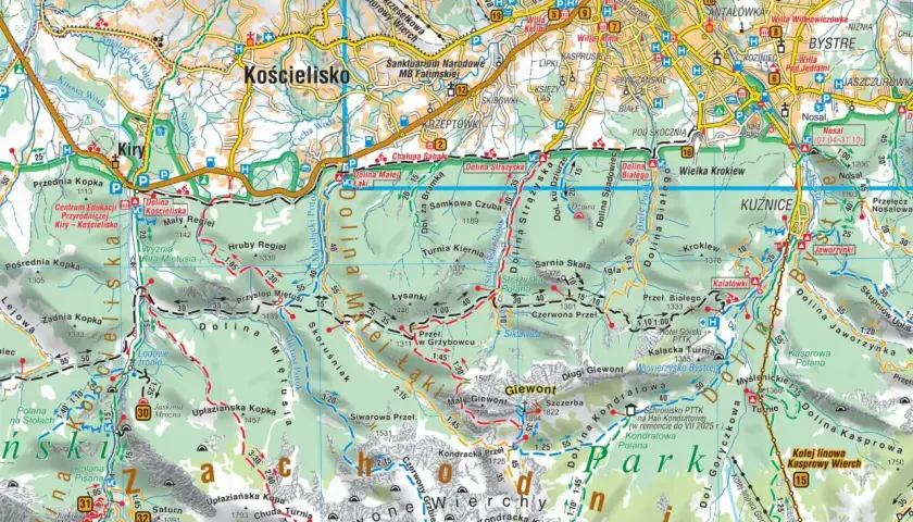 Mapa Tatr Zachodnich z zaznaczonymi szlakami, dolinami i szczytami. Idealna na wyjazd w góry, pokazuje m.in. Zakopane, Kasprowy Wierch i Giewont.