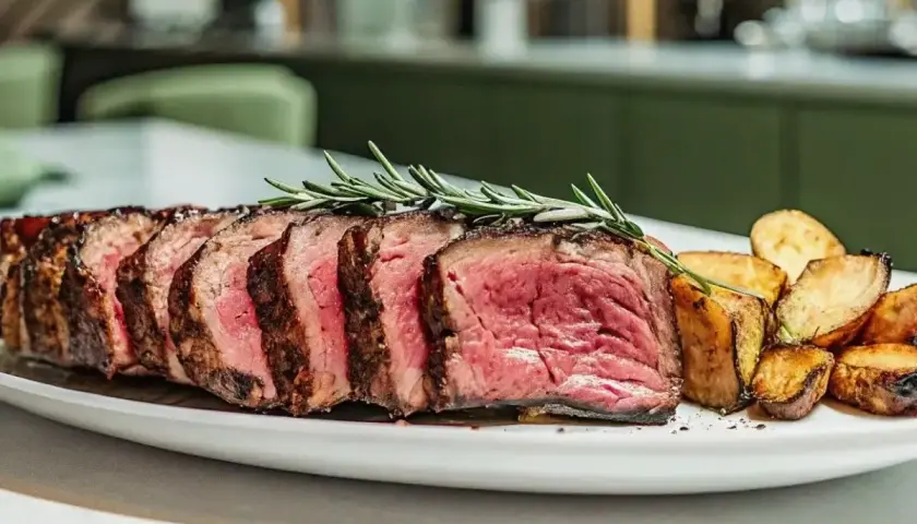 Un plat de côte de bœuf tranchée, saignante et garnie de romarin, accompagnée de pommes de terre rôties. Une recette côte de bœuf parfaite pour un repas d'exception.