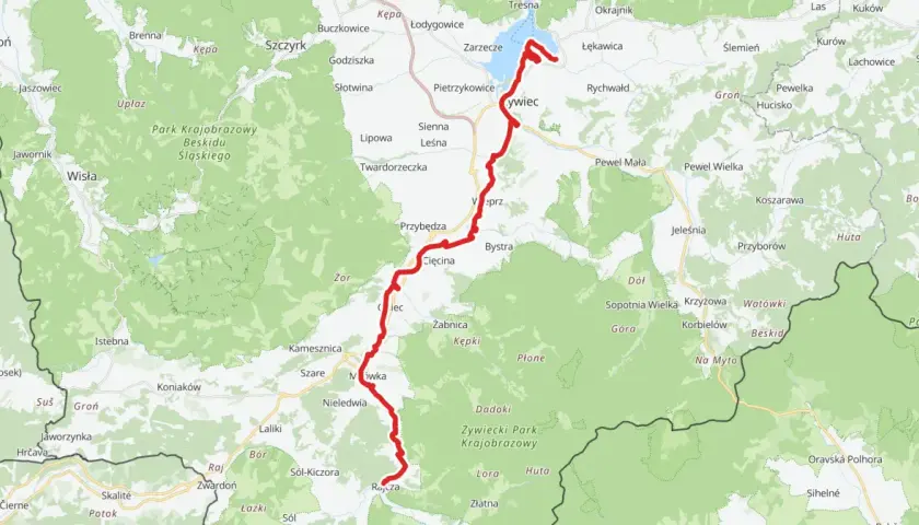 Mapa z zaznaczoną trasą rowerową Velo Soła, biegnącą przez malownicze tereny Beskidu Śląskiego, od Jeziora Żywieckiego po Rajczę.