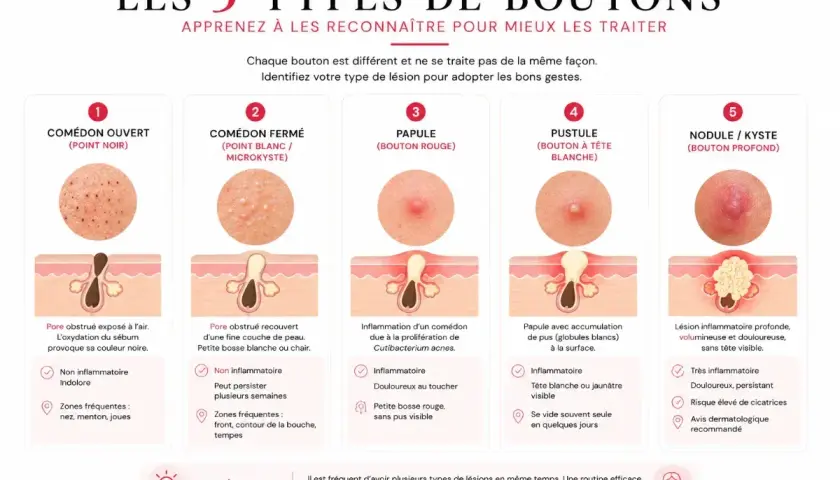 Infographie expliquant les 5 types de bouton : comédon, papule, pustule, nodule/kyste. Chaque bouton de brulure est illustré et décrit.