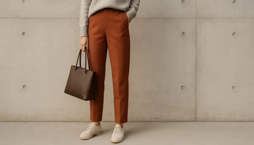 Pantalon couleur tan, pull gris, sac marron et chaussures beiges. Un look chic et décontracté.