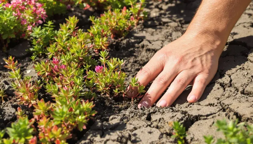 Main d'une personne touchant délicatement une plante sedum aux feuilles vertes et roses, sur un sol craquelé.