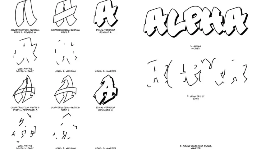 Graffiti-Buchstaben-Tutorial: Schritt-für-Schritt-Anleitung zum Zeichnen von "A" und "ALPHA".