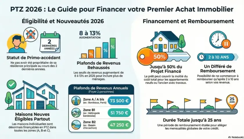 Guide PTZ 2026 : éligibilité, plafonds de revenus rehaussés, financement jusqu'à 50% et différé de remboursement.