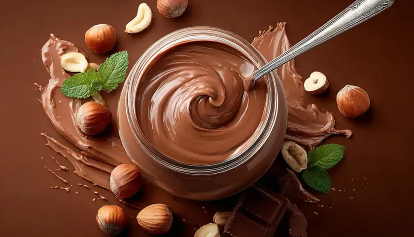Słoik kremu czekoladowo-orzechowego, łyżka, orzechy laskowe i listki mięty. To właśnie gianduja – pyszny przysmak!