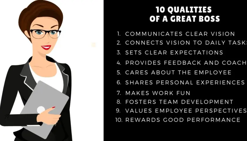 A graphic lists 10 qualities of a great boss, including clear communication, feedback, and valuing employees.