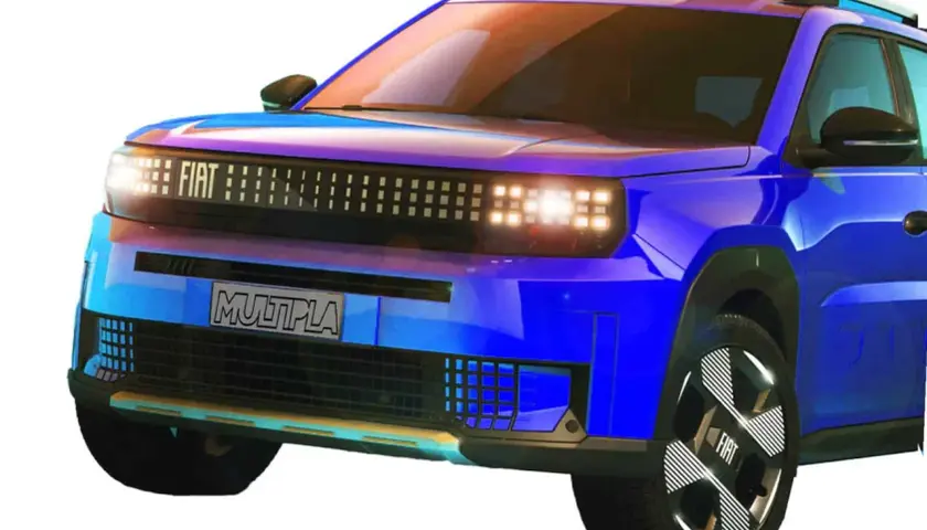 Nowy, niebieski Fiat Multipla z nowoczesnym designem i podświetlanym grillem.
