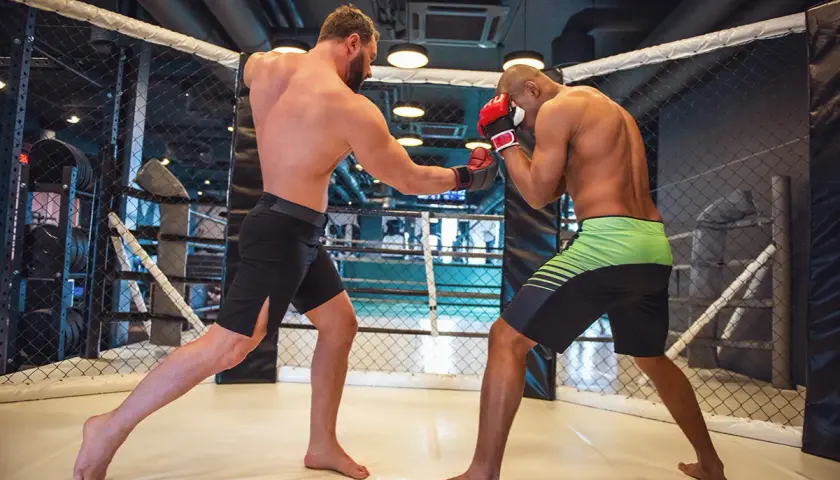Dwóch mężczyzn walczy w klatce MMA, jeden w rękawicach bokserskich.