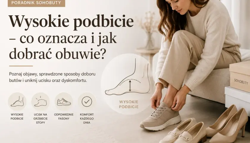 Poradnik o różnych typach butów i doborze obuwia do wysokiego podbicia stopy. Kobieta przymierza beżowe sneakersy.