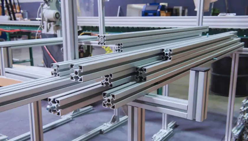 Perfiles de aluminio listos para ser ensamblados. El hierro y el aluminio son materiales clave en la construcción de estructuras modulares.