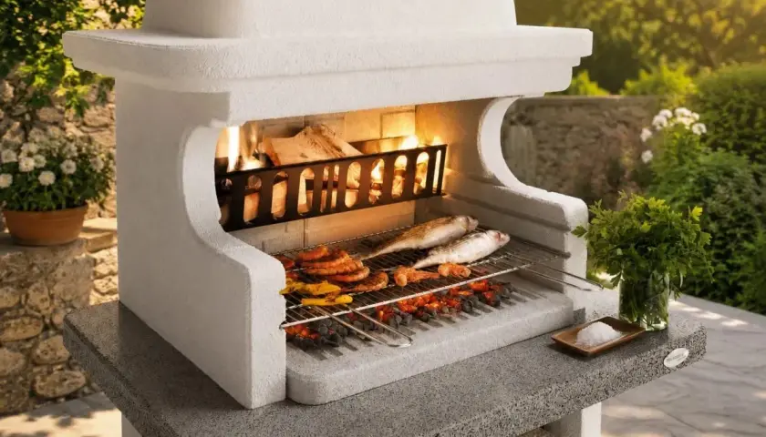 Una succulenta grigliata di pesce e carne cuoce su un barbecue in pietra, con fiamme vive e un contorno di erbe fresche.