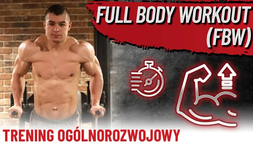 Mężczyzna na siłowni wykonuje trening FBW. Ikony stopera i bicepsu sugerują intensywny trening całego ciała dla zaawansowanych.
