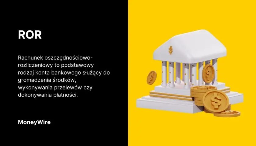 ROR w banku: biały budynek banku z kolumnami i złotymi monetami symbolizującymi oszczędności.