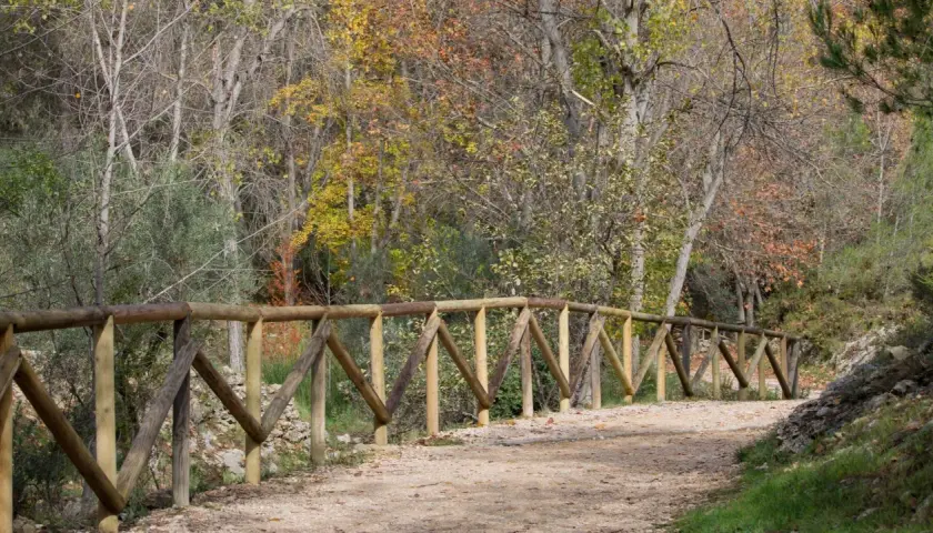 Sendero de tierra con barandilla de madera, ideal para rutas fáciles cerca de Madrid en otoño.