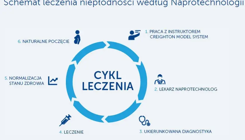 Cykl leczenia niepłodności według naprotechnologii: praca z instruktorem, lekarz naprotechnolog, diagnostyka, leczenie, normalizacja stanu zdrowia i naturalne poczęcie.