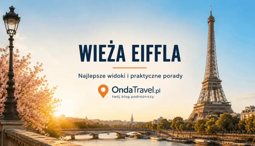 Wieża Eiffla w Paryżu o zachodzie słońca, z kwitnącą wiśnią i widokiem na Sekwanę.