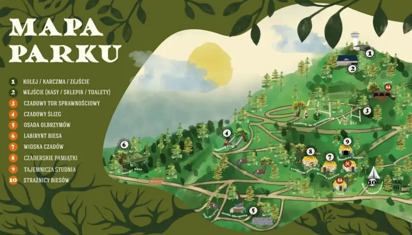 Mapa parku z atrakcjami: kolej, tor sprawnościowy, ślizg, osada olbrzymów, labirynt, wioska czadów, czaderskie pamiątki, tajemnicza studnia. Opinie o parku są pozytywne.