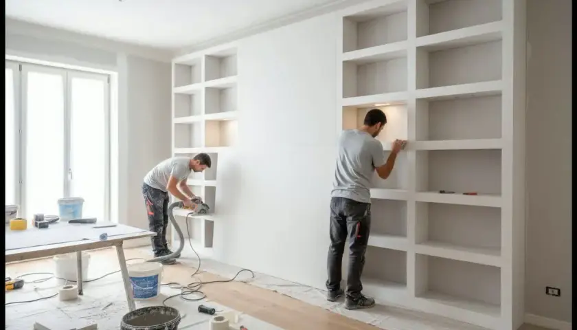 Costruzione di una libreria in cartongesso per un soggiorno. Due operai lavorano alla struttura, uno con una sega, l'altro rifinisce gli scaffali.