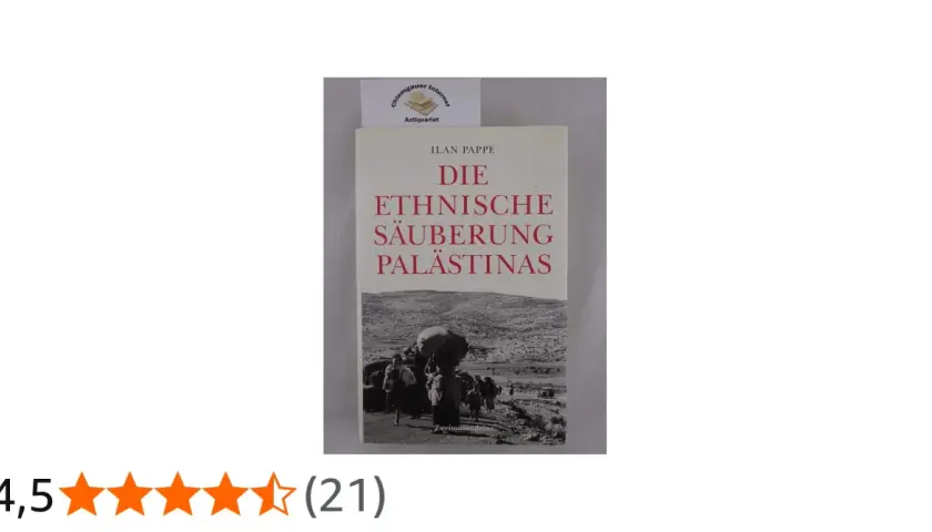 Buchcover "Die ethnische Säuberung Palästinas" von Ilan Pappe, mit einem Bild von Menschen, die auf einem staubigen Weg wandern.