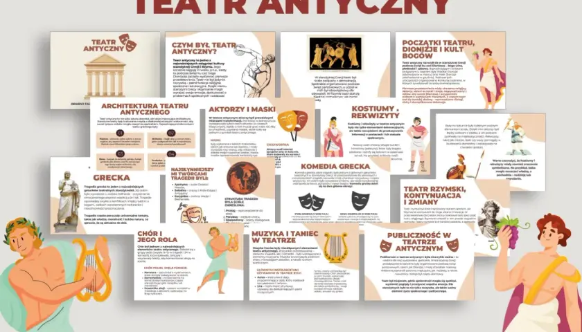 Teatr antyczny: architektura, aktorzy, maski, kostiumy, rekwizyty, muzyka, taniec, grecka tragedia i komedia, rola chóru, teatr rzymski, publiczność.
