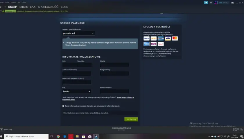 Formularz Steam do podania co to adres rozliczeniowy Steam, dane do płatności i kraju.