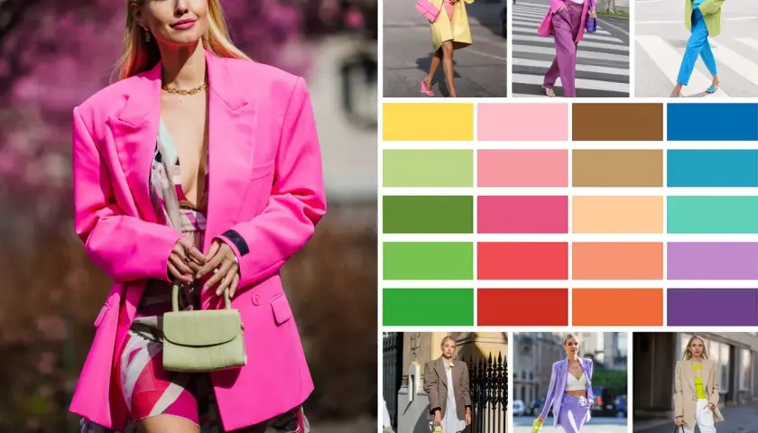 Inspiration pour associer couleurs vêtements : looks audacieux en rose vif, jaune, vert, violet et bleu. Palette de couleurs vives pour des tenues éclatantes.
