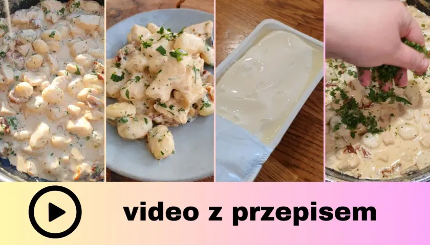 Kremowe gnocchi z kurczakiem i suszonymi pomidorami, posypane świeżą natką pietruszki. Pyszny przepis na obiad.