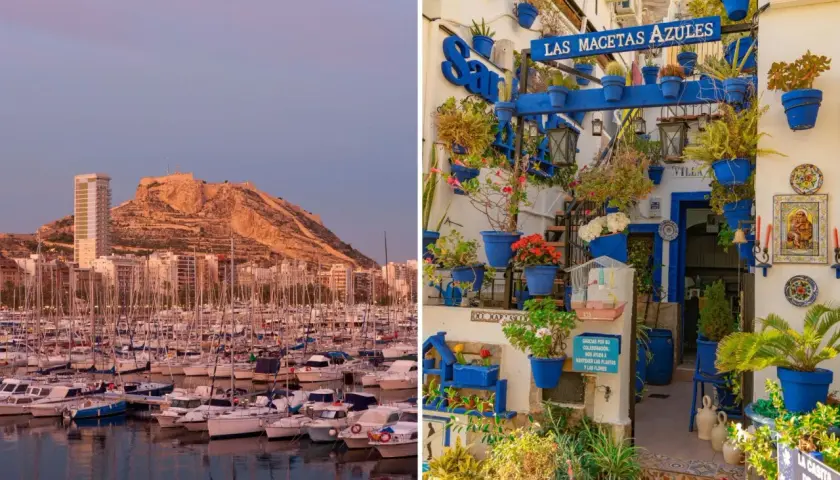 Puerto deportivo y castillo de Santa Bárbara al atardecer, junto a un patio lleno de macetas azules, descubriendo los secretos alicante.