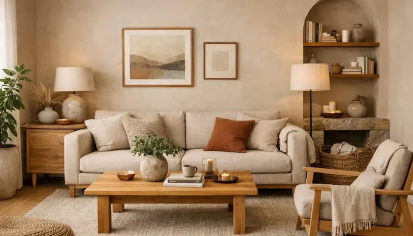 Soggiorno accogliente con divano beige, tavolino in legno e quadri astratti. Le pareti di casa tendenze in tonalità neutre creano un'atmosfera rilassante.