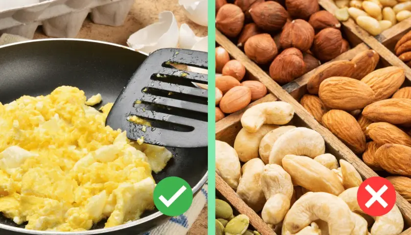 Huevos revueltos son ideales para comer cuando te sacan una muela. Evita frutos secos duros.