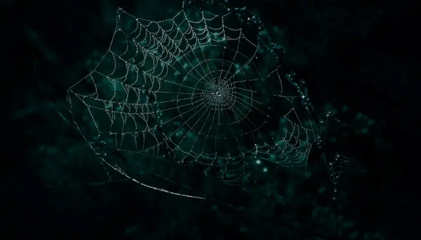 Una telaraña con gotas de rocío brilla en la oscuridad, como un sueño con telarañas.