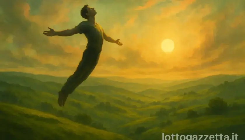 Un uomo si libra nell'aria, con le braccia aperte, come se stesse per volare senza ali, immerso in un paesaggio collinare dorato al tramonto.