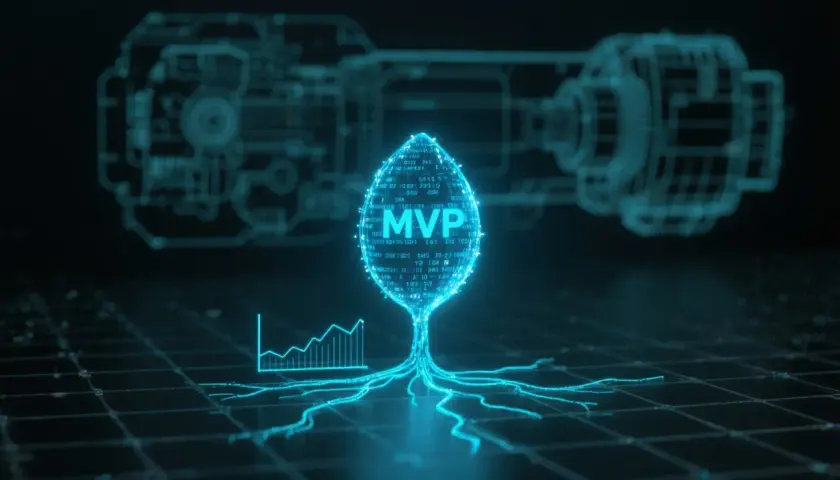 Niebieska, cyfrowa grafika przedstawiająca drzewo z liściem z napisem "MVP" i wykres.