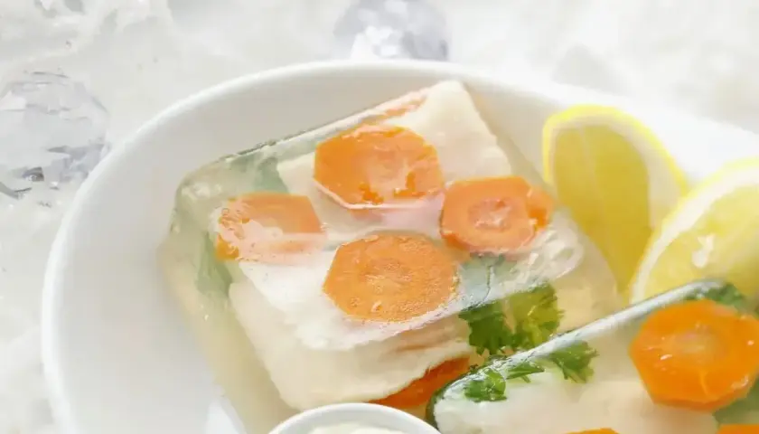 Elegancka ryba w galarecie z marchewką i natką pietruszki, podana z cytryną i chrzanem.