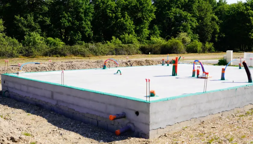 Fundament płyty betonowej z instalacją hydrauliczną i rurami, w otoczeniu zieleni.
