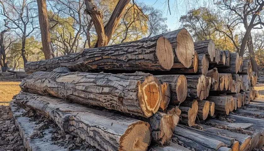 Gros troncs de bois d'acacia empilés, prêts pour le feu de camp. Leurs cernes révèlent leur âge.