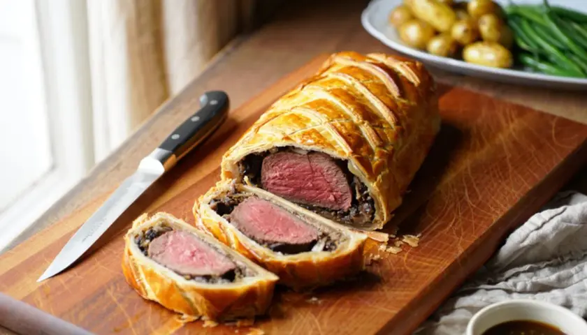 Un magnifique boeuf Wellington, doré et feuilleté, est coupé pour révéler sa viande tendre. Un couteau de chef est posé à côté, prêt à servir.