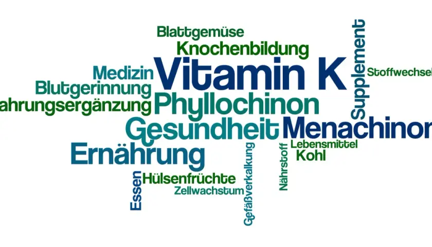 Wortwolke mit Begriffen wie "Vitamin K", "Blutgerinnung", "Knochenbildung", "Ernährung", "Gesundheit", "Phyllochinon" und "Menachinon".