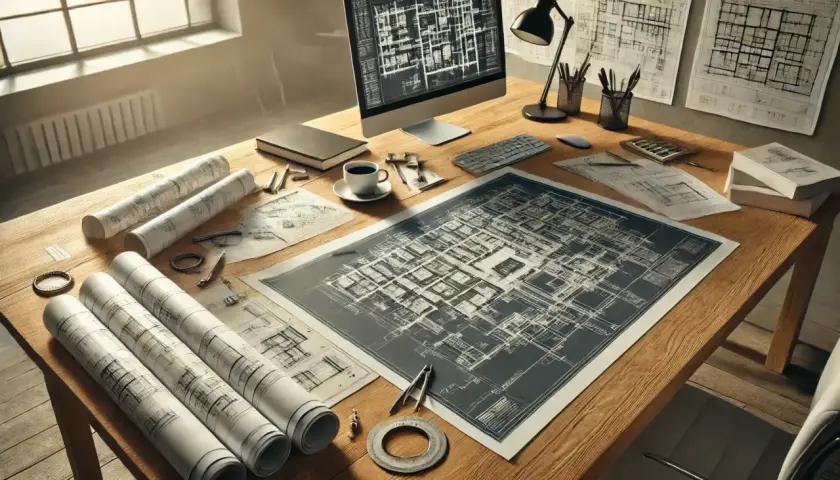 Biurko architekta z planami, komputerem i kawą. Zastanawiasz się, ile zarabia architekt?