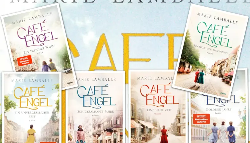 Marie Lamballe: Café Engel Reihe. Mehrere Buchcover mit dem Titel "Café Engel" in verschiedenen Farben und Untertiteln, die die Reihenfolge der Bücher andeuten.