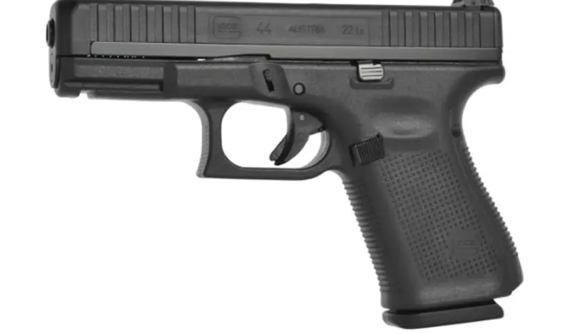 Czarny pistolet Glock 44, broń bocznego zapłonu bez zezwolenia, kaliber .22 LR, wyprodukowany w Austrii.