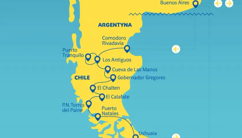 Mapa pokazuje, gdzie leży Argentyna, z zaznaczonymi miastami: Buenos Aires, Comodoro Rivadavia, Ushuaia i innymi.