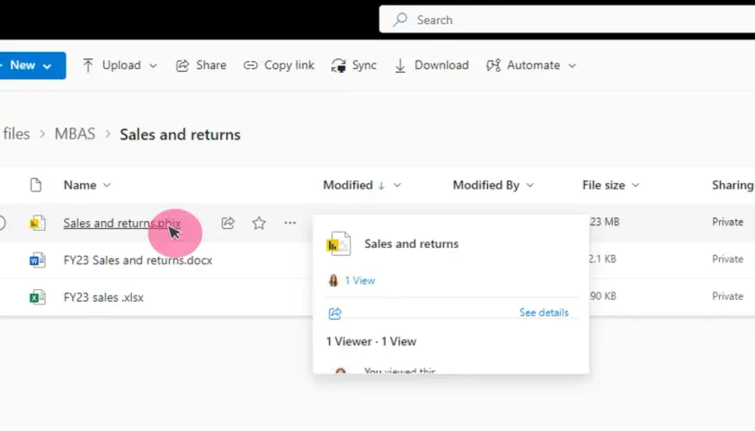 Il cursore del mouse evidenzia il file "Sales and returns.phix" nella cartella "Sales and returns" di OneDrive, mostrando un'anteprima con 1 visualizzazione.