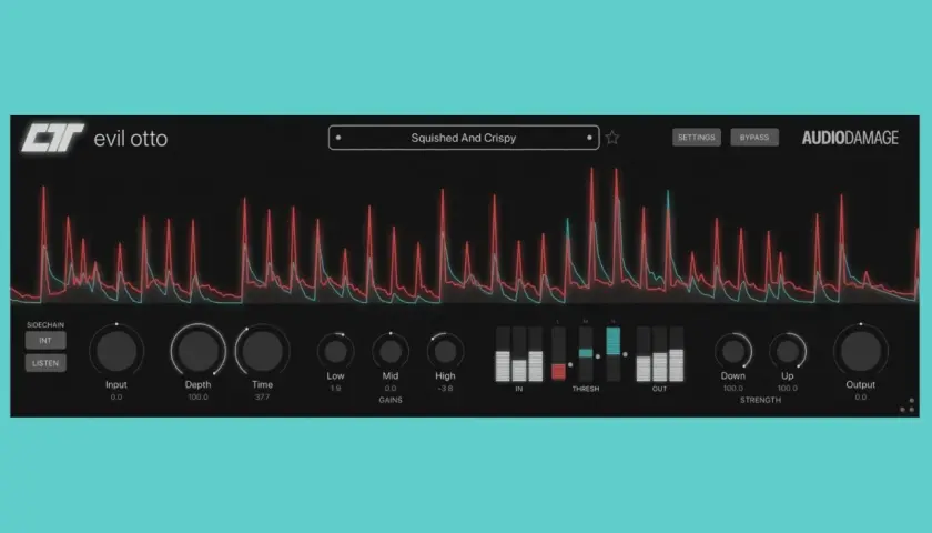 Evil Otto, ein Multiband-Kompressor, mit Wellenformen und Reglern für Input, Depth, Time, Low/Mid/High Gains, Threshold und Output.