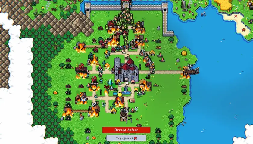 Bitwa o zamek w pixelartowym stylu. Wioska płonie, a armia naciera. Idealne dla fanów fajne gry na kompa.