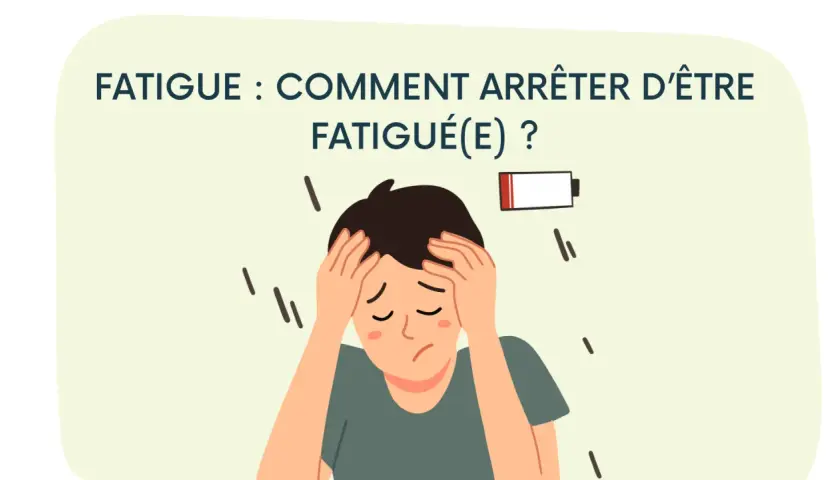 Un jeune homme se tient la tête, l'air épuisé, avec une batterie faible symbolisant les symptômes de fatigue intense.