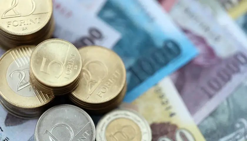 Stos monet i banknotów. Widać monety 5, 10 i 20 forintów. Jaka waluta na Węgrzech? Forint.
