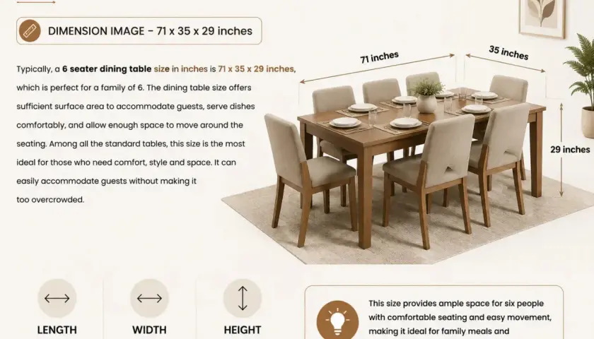 A 6 seater dining table with dimensions 71 x 35 x 29 inches, perfect for family meals.