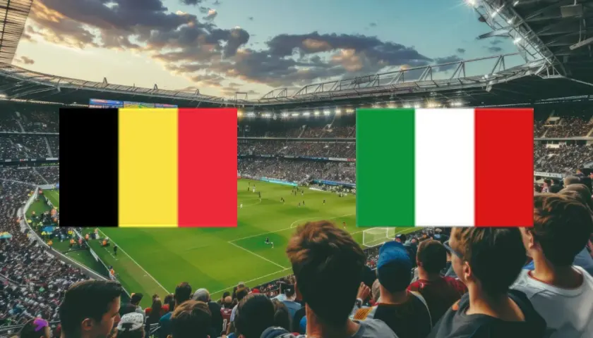 Stadion pełen kibiców, na murawie mecz, a nad nimi flagi **Belgia – Włochy**.