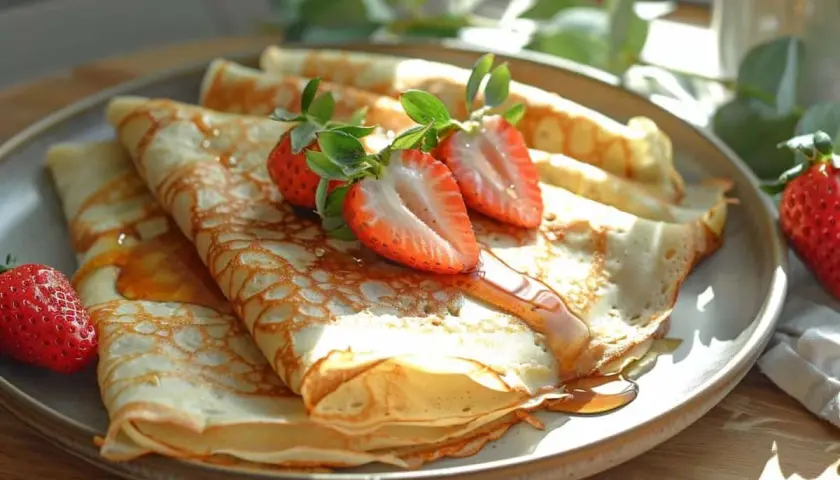 Délicieuses crêpes dorées, garnies de fraises fraîches et de sirop. Une recette crêpe 2 œufs parfaite pour le petit-déjeuner ou le goûter.